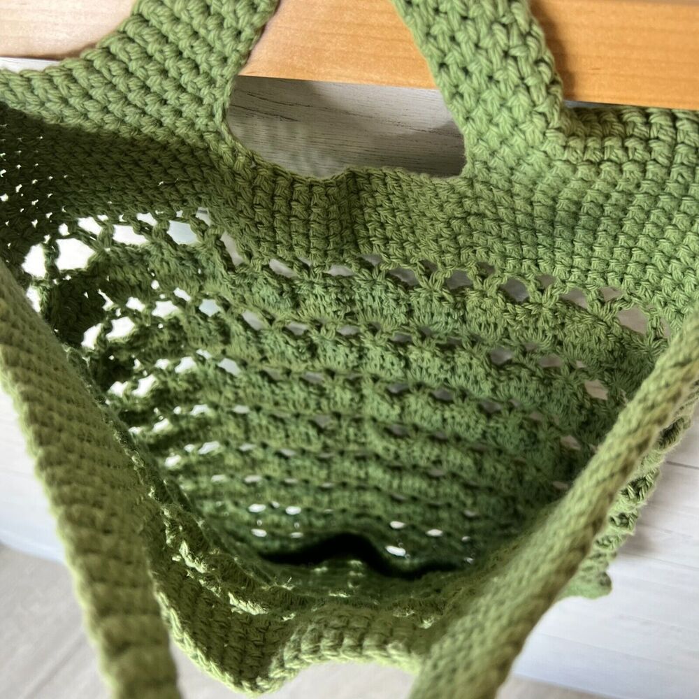 Handmade Purse Womens Green Crochet Bag Tote with Handle Grannycore Bohemian - Picture 7 of 11